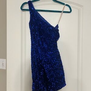 One-Shoulder Royal Blue Sequin Mini Dress
